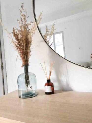 two vases with plants in them sitting on a table at «Coeur de vie » logement hyper centre de Bagnères de Bigorre in Bagnères-de-Bigorre