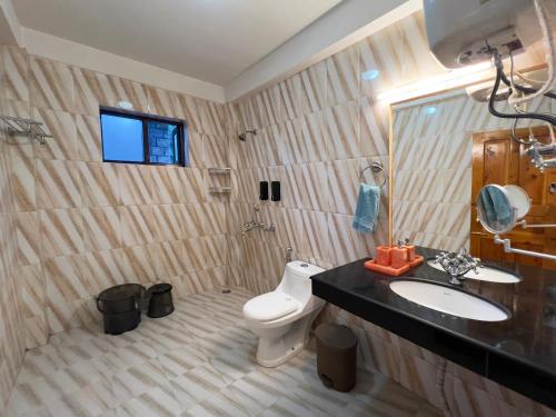 a bathroom with a sink and a toilet at Molly's Cottage in Manāli