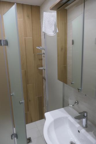 uma casa de banho com um lavatório e um chuveiro com um espelho. em Hotel MEDITERRANEO em Ybbs an der Donau