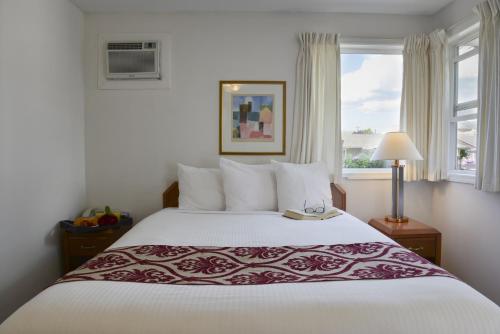 a bedroom with a large bed and a window at Valley Star Motel in Penticton