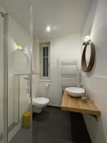 a bathroom with a toilet and a sink and a shower at Gästehaus Ambiente am Kurpark in Bad Sooden-Allendorf