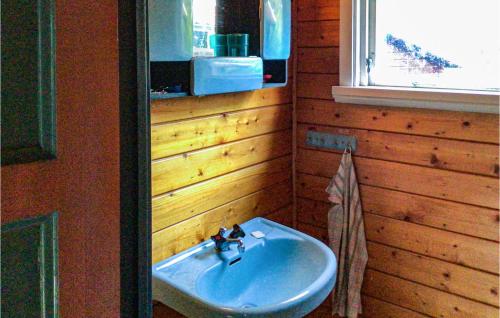 uma casa de banho com um lavatório numa parede de madeira em Amazing Home In kersberga With Sauna, 4 Bedrooms And Wifi em Akersberga