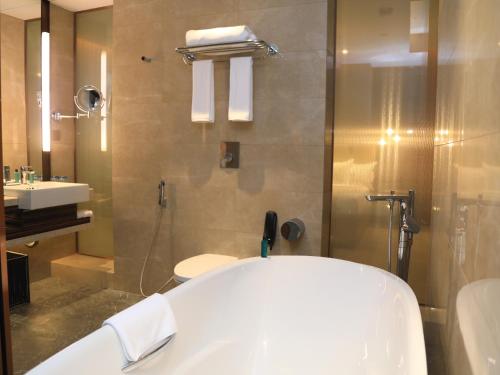 a bathroom with a tub and a toilet and a sink at Skylight In-Terminal Hotel in Addis Ababa