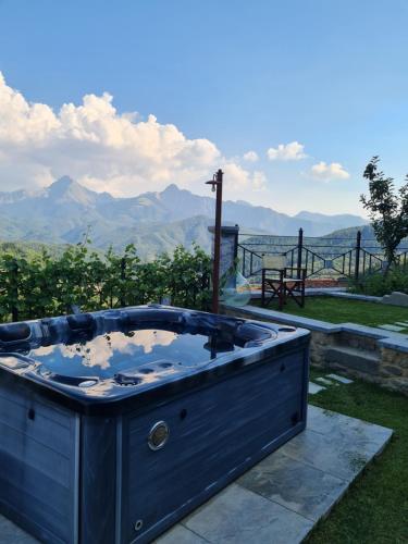 a blue hot tub with a view of the mountains at DA ERCOLE casa vacanze di lusso con giardino, piscina e idromassaggio. in Vigneta