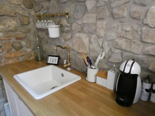 a bathroom counter with a sink and a stone wall at Cal Magí in Sant Martí de Maldá