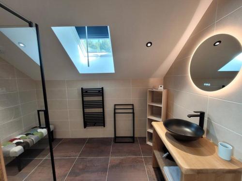 a bathroom with a sink and a mirror at La cabane des écureuils in Xonrupt-Longemer