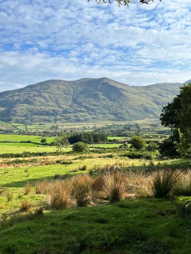 a field of grass with mountains in the background at The Hazel Hut in Westport