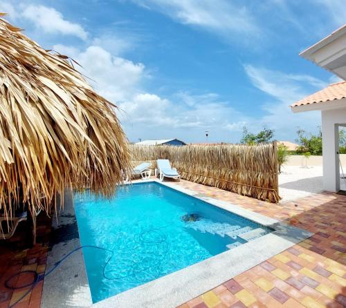 a swimming pool with a thatch roof and a chair at CASA ANTONIA Villapark Fontein mit Salzwasserpool in Fontein