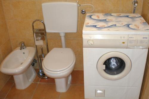 a bathroom with a toilet and a washing machine at Holiday house with a parking space Presika, Labin - 7391 in Labin