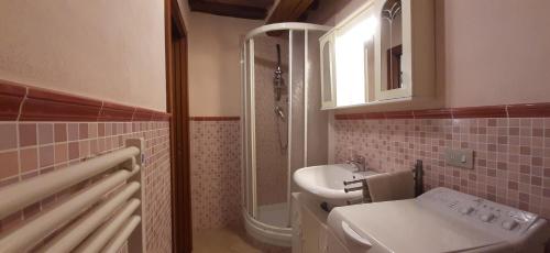 uma casa de banho com um lavatório e um chuveiro em COR MAGIS KAMULLIA - 200 meters from the historic center and close to the train station em Siena