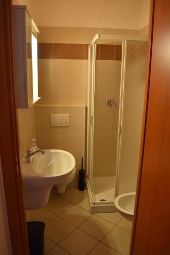 La salle de bains est pourvue d'un lavabo et d'une douche. dans l'établissement La Dea, à Pise