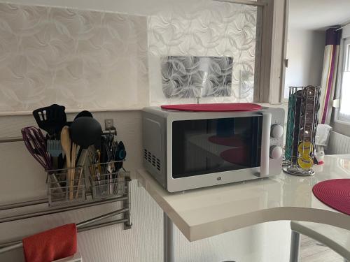 a microwave on a counter with a red plate on top at Studio rez-de-chaussée, à Lesquin/Lille aéroport in Lesquin