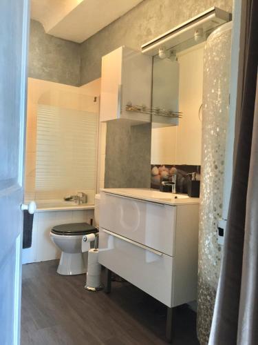 une salle de bain blanche avec des toilettes et un lavabo dans l'établissement appartement cocooning,proche centre et gare, à Caen