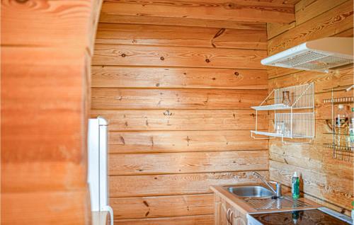 Il comprend une cuisine dotée de murs en bois, d'un évier et d'un réfrigérateur. dans l'établissement Gorgeous Home In Mscice With Kitchen, à Mścice