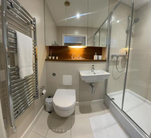 y baño con aseo, lavabo y ducha. en Luxury 8th Floor Apartment with Stunning Views en Chatham