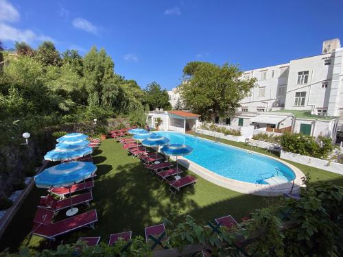 an overhead view of a pool with chairs and umbrellas at Hotel Stella Maris Terme in Ischia
