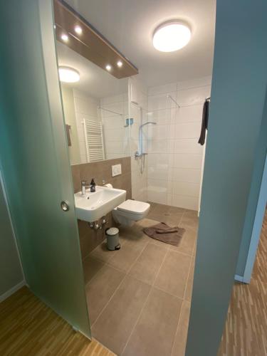 a bathroom with a sink and a toilet and a mirror at Con4rent Business Hotel plus in Kirchheim unter Teck
