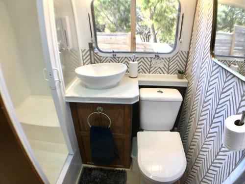 a small bathroom with a toilet and a sink at The Steel Magnolia Airstream - Cabins At Rim Rock in Austin