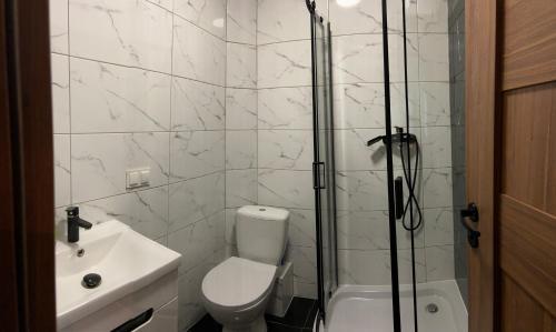 a bathroom with a toilet and a sink and a shower at Apartamenty Bezrzecze in Szczecin
