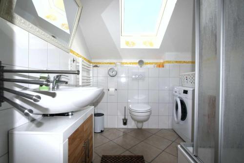 een badkamer met een wastafel en een wasmachine bij Seeadler 3 - Süssau in Süssau