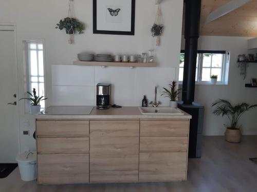 a kitchen with a counter with a coffee maker on it at Stunning Tiny House Tree of Life at lake Skagern in Finnerödja