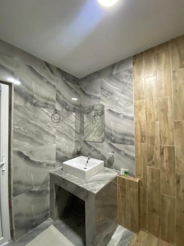 ein Badezimmer mit einem Waschbecken und einer Marmorwand in der Unterkunft Vila Simona in Mavrovo-Nationalpark