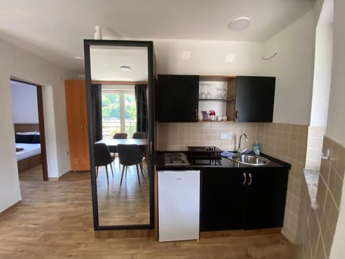 a kitchen with a sink and a mirror in a room at Vila Simona in Mavrovo