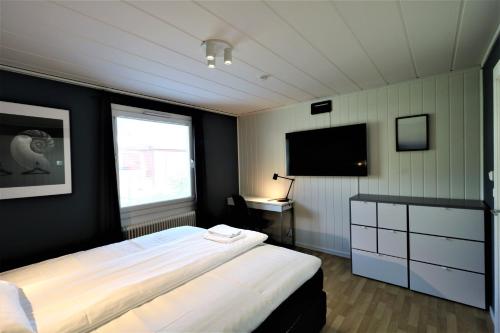 a bedroom with a large bed and a television at RIBO Apartment Arctic in Kiruna