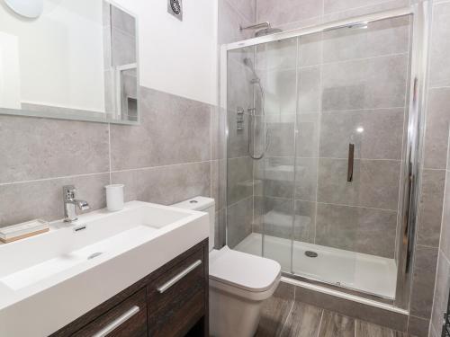 a bathroom with a shower and a sink and a toilet at Wren cottage in Sandbach