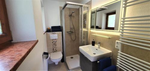 La salle de bains est pourvue d'un lavabo, d'une douche et de toilettes. dans l'établissement 4 Bergpanorama mit herrlicher alpinen Almlandschaft Nichtraucherdomizil, à Schönau am Königssee