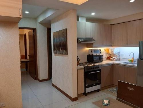 宿务Horizons 101 Condominium Cebu City near Malls的一间带炉灶和微波炉的大厨房