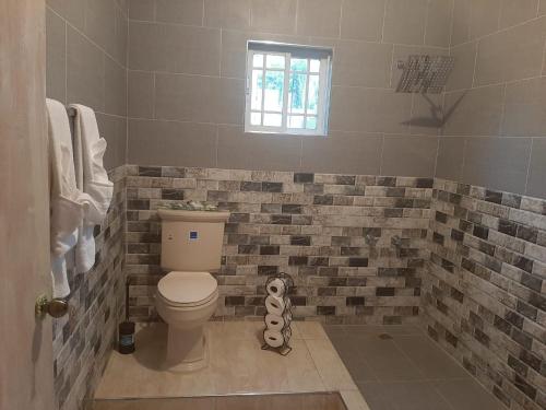 a bathroom with a toilet and a tiled tub at Hill view Vacational Rental in Runaway Bay