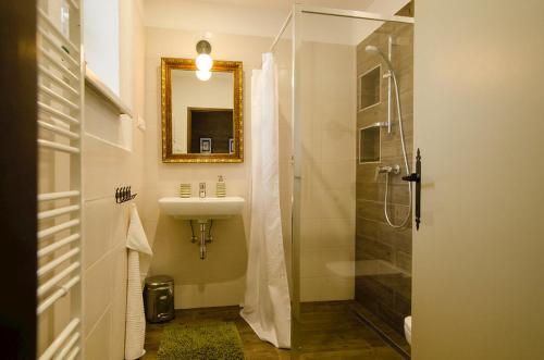 ein Bad mit einem Waschbecken und einer Dusche mit einem Spiegel in der Unterkunft Ubytovanie pod Homôlkou in Jamník