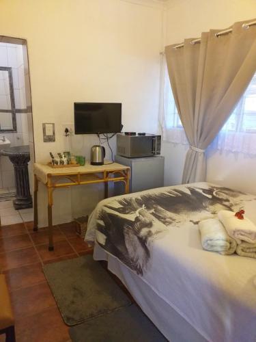 a bedroom with a bed and a desk and a television at African Elephant's Den in Klerksdorp