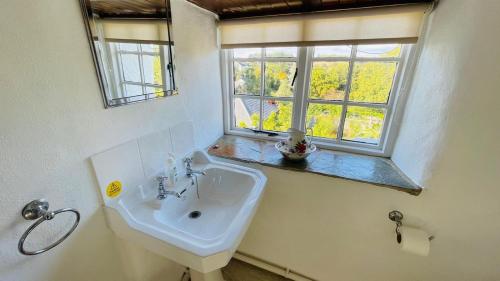 La salle de bains est pourvue d'un lavabo et d'une fenêtre. dans l'établissement Donore - Quintessential English Cottage close to Dittisham Quay, à Dittisham