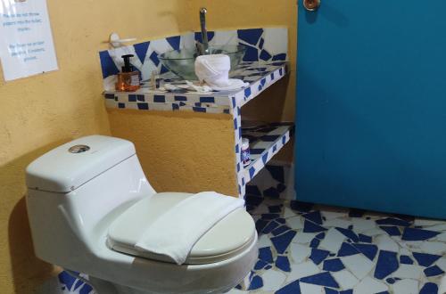 a toilet in a bathroom with a blue and white tile floor at Minca Ecohabs Hotel in Minca