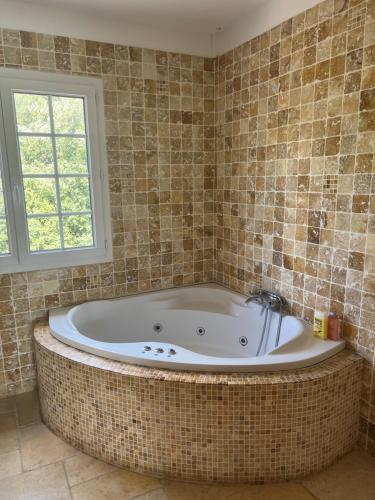 a large tub in a bathroom with a window at Magnifique villa avec piscine in Saint-Maximin-la-Sainte-Baume