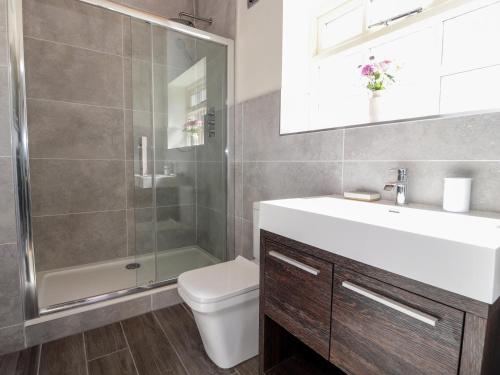 a bathroom with a shower and a sink and a toilet at Swallow Cottage in Sandbach