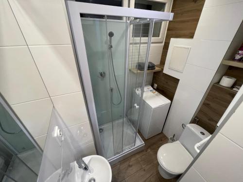 a bathroom with a shower and a toilet at Apartament Północ in Koszalin