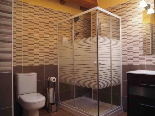 a bathroom with a shower with a toilet and a sink at Casa Rural El Guindo in Avila