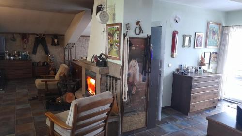 a living room with a refrigerator and a fireplace at Кошарите Стражата in Tsŭrvenyano