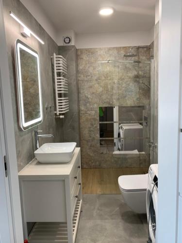W łazience znajduje się umywalka, toaleta i prysznic. w obiekcie Platinum De Lux Apartament w mieście Stargard