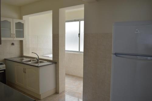 La cuisine est équipée d'un évier et d'un réfrigérateur. dans l'établissement Bright apartment in the town center, à Praia