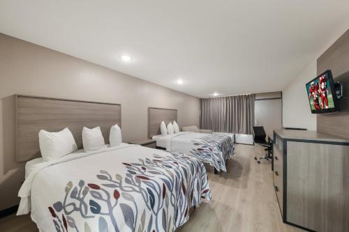 um quarto de hotel com duas camas e uma televisão de ecrã plano em Red Roof Inn & Conference Center McKinney em McKinney
