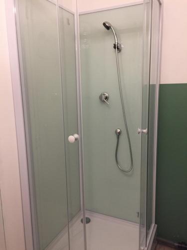 a shower with a glass door in a bathroom at Studio neuf, cosy, grande terrasse in Dury