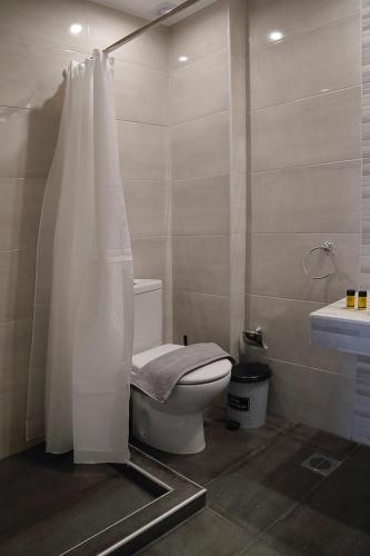 a bathroom with a toilet and a shower curtain at Menta Studios in Thessaloniki
