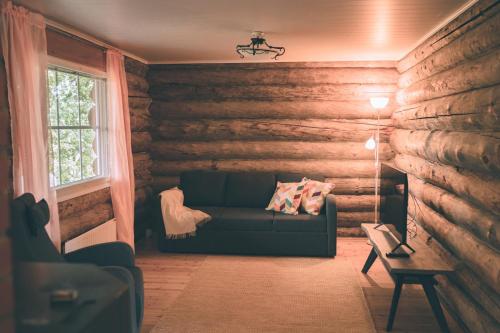 ein Wohnzimmer mit einem Sofa in einer Holzwand in der Unterkunft Heikkilän Pirtti Kelo in Sotkamo