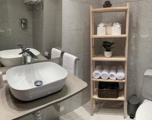 un bagno con lavandino, WC e asciugamani di Apartamento El Temple-Casco histórico de Zaragoza a Saragozza