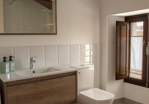 La salle de bains est pourvue d'un lavabo et de toilettes. dans l'établissement Marujita Vilanova, alojamiento singular, à Villanueva de Arosa