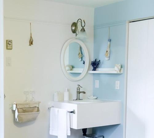 W białej łazience znajduje się umywalka i lustro. w obiekcie Maison de L'Anse aux oies / Gîte w mieście L'islet Sur Mer